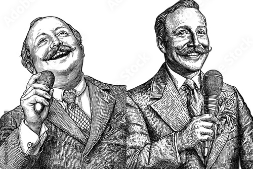 Stand-up entertainer holding vintage microphone, smiling confidently sketch engraving generative ai raster illustration. Scratch board imitation. Black and white photo.