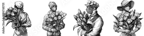 Sketch engraving generative ai raster illustration of a fencer holding a bouquet of tulips blending sports and floral elements. Scratch board imitation. Black and white.