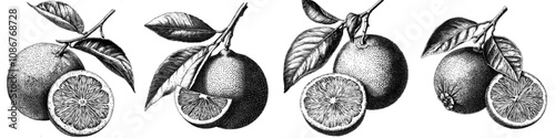 Scratch board illustration of an orange with a sliced half, showcasing classic botanical style and intricate textures. A black and white image of a scratch board.