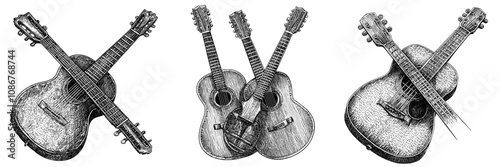 Guitars crossed, symbolizing music, unity, and celebration, in generative ai raster illustration. Scratch board imitation.