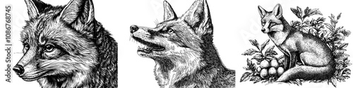 Black and white sketch engraving generative raster illustration of a standing fox with a natural grace and cunning. Scratch board imitation in a classic engraving style.