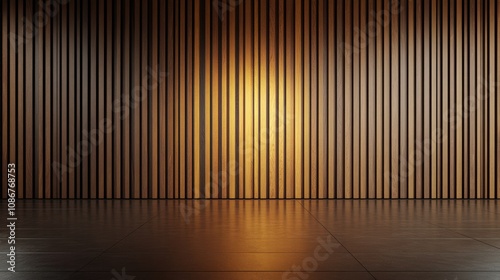 Evenly spaced vertical wooden panels with warm lighting provide an elegant and minimalistic backdrop, enhancing the serenity and style of the environment. photo