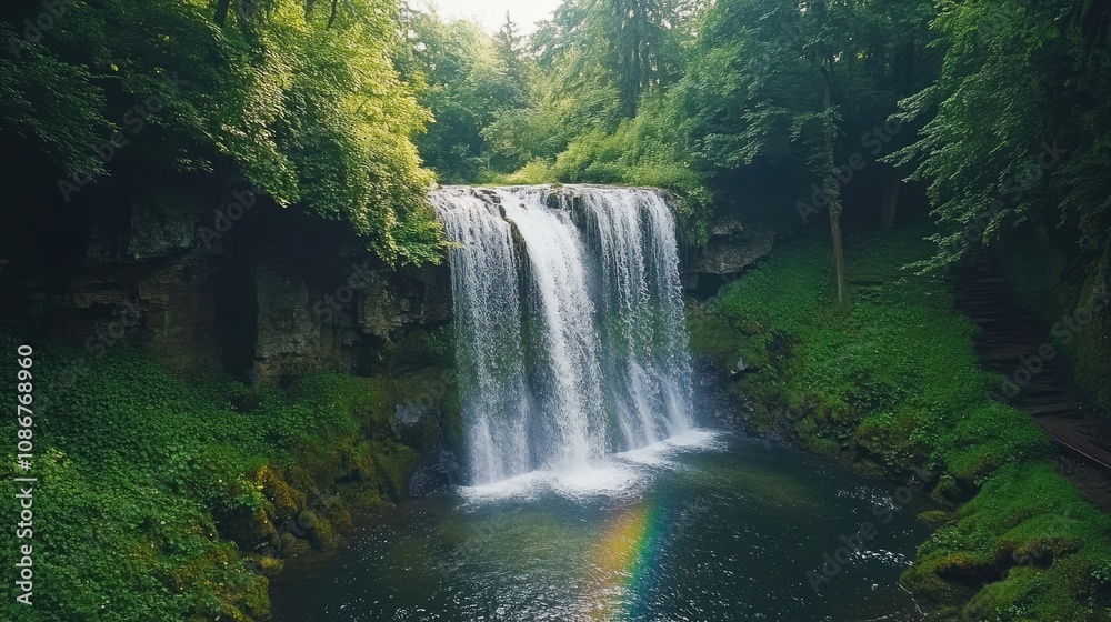 Obraz premium A stunning waterfall cascades through lush greenery, creating a serene atmosphere complemented by a vibrant rainbow.