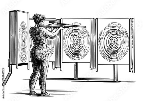 In a shooting range session with pistol, a woman aims at bullseye targets with her handgun. A professional athlete aims at bullseye targets with her handgun. Isolated white background with flat