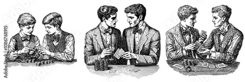 Sketch engraving and generative raster illustration of two men playing cards, focused on their game. Black and white image.