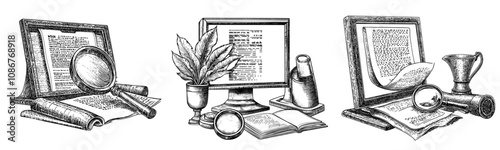 Searching for spelling mistakes, checking, editing, correcting grammar with online service. Flat modern illustration isolated on white.
