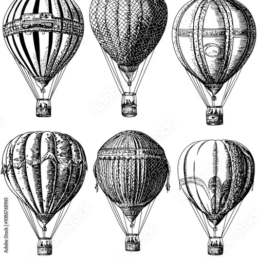 Aerostats flying, floating high, repeating pattern. Aerial adventure, travel, endless background for fabric, textile, wrapping. Flat modern illustration.