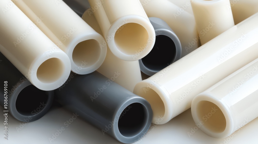 Fototapeta premium The image features a close-up view of a collection of plastic pipes in white and gray, arranged in an overlapping composition, ideal for industrial-themed design.
