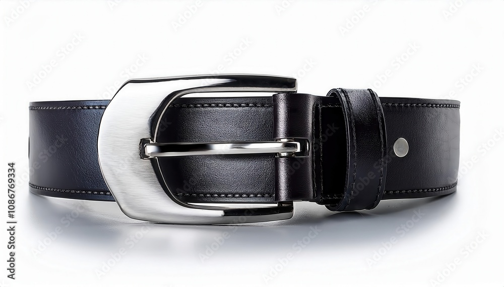 Stylish black leather belt with a sleek silver buckle design. Stylish black leather belt with a sleek silver buckle design.