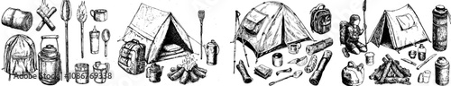 Backpack, bonfire, camping, oil lamp, pocket knife, rope, lantern, thermo flask, tent, hiking boots, thin line style, editable stroke.