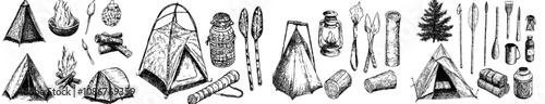 Camping icons. Thin Line style, editable stroke. Bundle, bonfire, camping, firewood, gas stove, camping tent, cutlery, gas, marshmallows, picnic table, pot on fire.