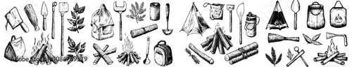 The following camping icons feature a line duotone design, editable stroke. Axe, bonfire, gas, thermo, picnic table, pot on fire, pocket knife, campfire, Swiss knife, etc.