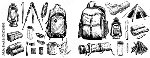 A pack of camping icons in thin line style, with editable stroke. camping, backpack, bonfire, boots, camping gas, oil lamp, pocket knife, sausage, thermos, lantern, lantern, lighter.