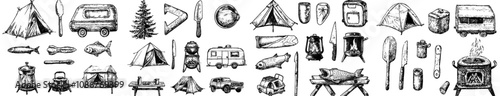 Icons of camping. Thin Line style, editable stroke. Swiss knife, tent, table, caravan, fish, car, firewood, gas, camping tent, directional sign, kettle, and other camping items.