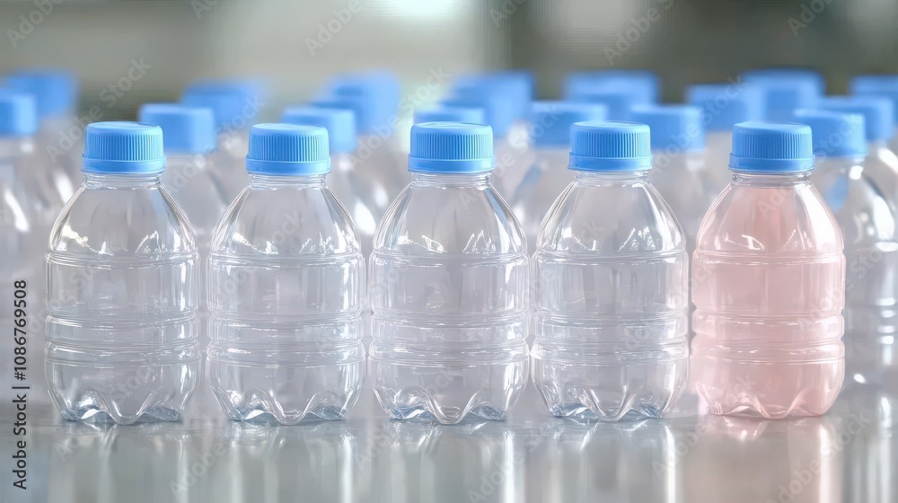 This image features small plastic water bottles with blue caps, neatly arranged in rows, capturing the essence of packaging and consumer goods in a retail context. This image features small plastic water bottles with blue caps, neatly arranged in rows, capturing the essence of packaging and consumer goods in a retail context.