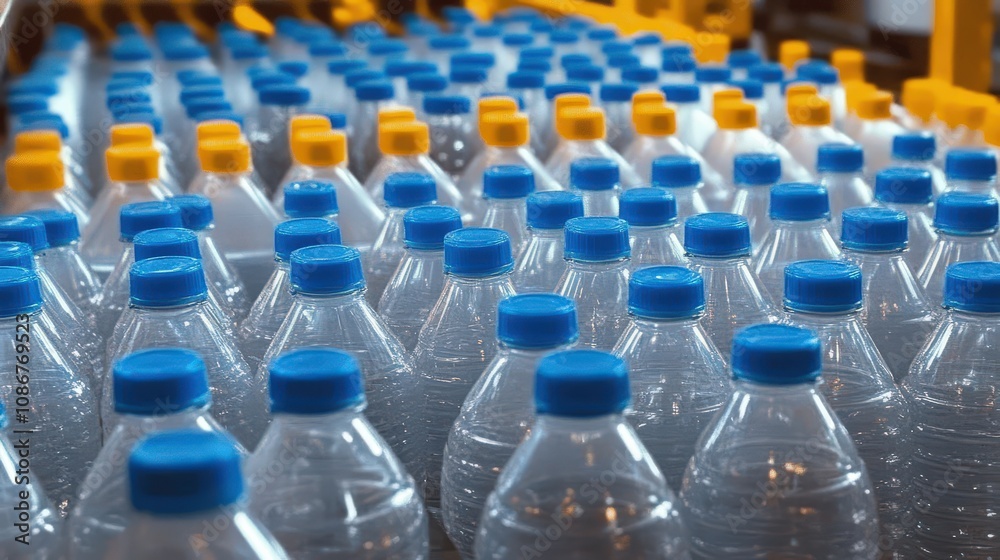 The image displays numerous plastic water bottles arranged in rows with alternating blue and yellow caps, representing consumer goods and mass production. The image displays numerous plastic water bottles arranged in rows with alternating blue and yellow caps, representing consumer goods and mass production.