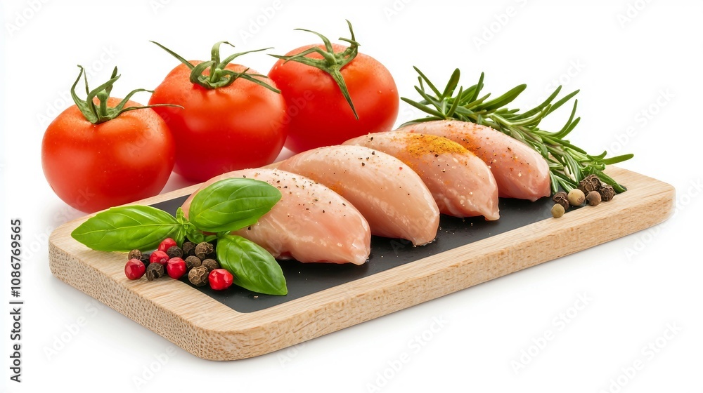 Fresh Chicken Breasts on Wooden Board with Ripe Tomatoes, Green Herbs, and Colorful Spices Ready for Cooking in a Culinary Setting Fresh Chicken Breasts on Wooden Board with Ripe Tomatoes, Green Herbs, and Colorful Spices Ready for Cooking in a Culinary Setting