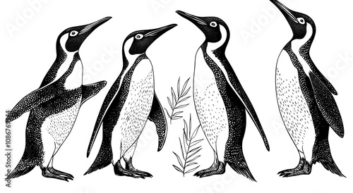 A cute penguin set featuring playful arctic antarctic birds, waddling, walking, and standing with wings. Polar animals, mammal characters, and fauna from Antarctica. Isolated flat modern