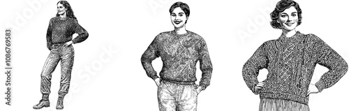 The character is a confident young woman standing with her hand on her hip, smiling and looking aside. She has an excited and interested expression on her face. Isolated on a white background, this