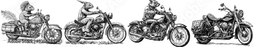 A punk-style rat with a mohawk and leather jacket rides a vintage motorcycle with attitude sketch engraving generative AI raster illustration. Scratch board imitation.