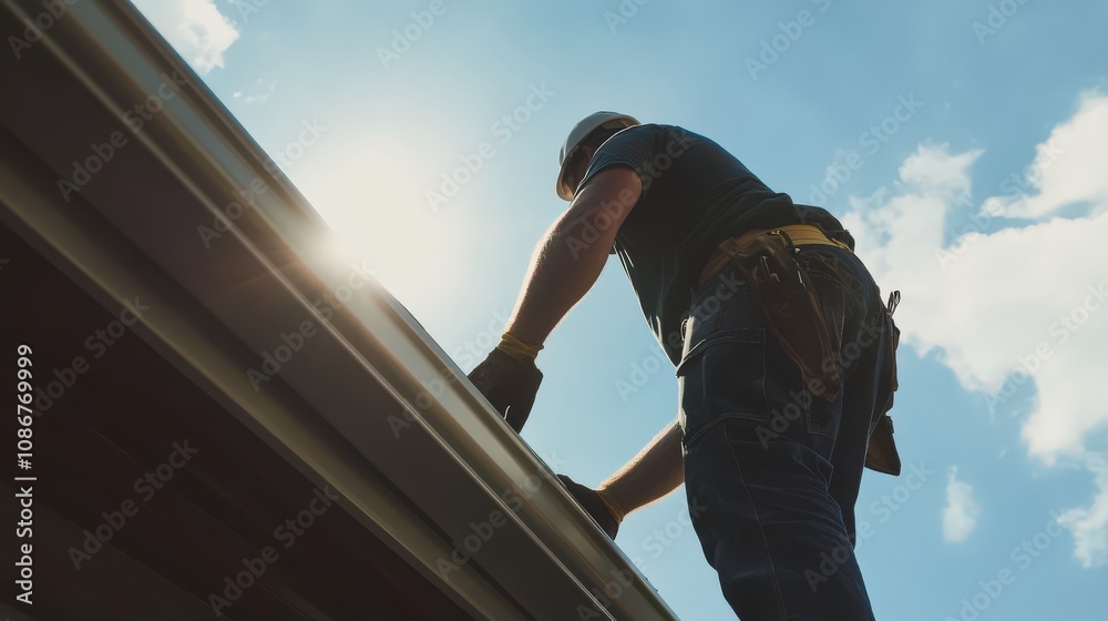 Fototapeta premium A dedicated roof specialist tirelessly installs gutters in bright sunlight, focusing on precision and excellence under a clear blue sky.