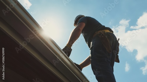 A dedicated roof specialist tirelessly installs gutters in bright sunlight, focusing on precision and excellence under a clear blue sky. photo