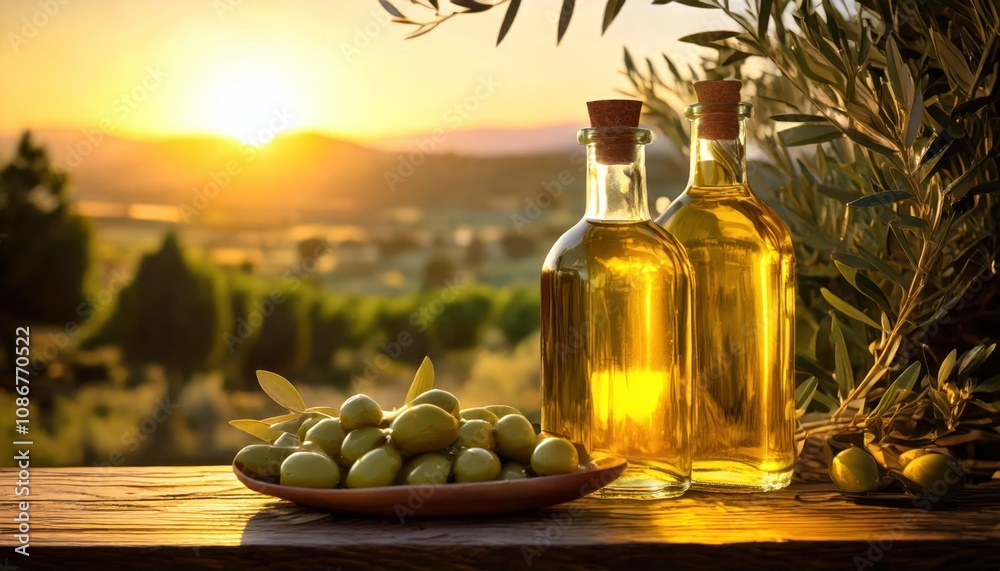 Olives bottles with olive oil In the olive grove Olives bottles with olive oil In the olive grove