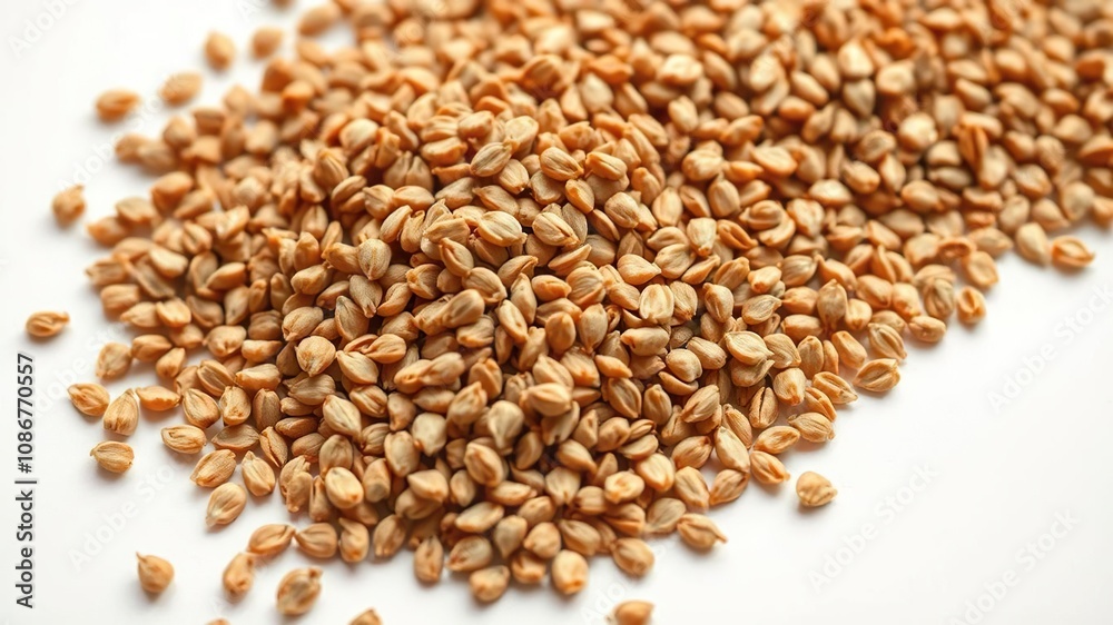 Closeup of a handful of psyllium husk seeds on a white background, holistic, organic, healthy eating Closeup of a handful of psyllium husk seeds on a white background, holistic, organic, healthy eating