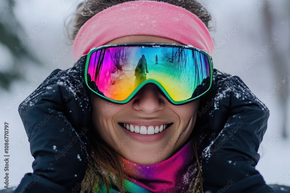A woman in black gloves is smiling and putting on her rainbow-lensed ski goggles A woman in black gloves is smiling and putting on her rainbow-lensed ski goggles