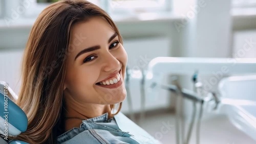 Happy young woman smiles in dental chair at clinic, reflecting comfort and confidence in healthcare experience with her dentist.