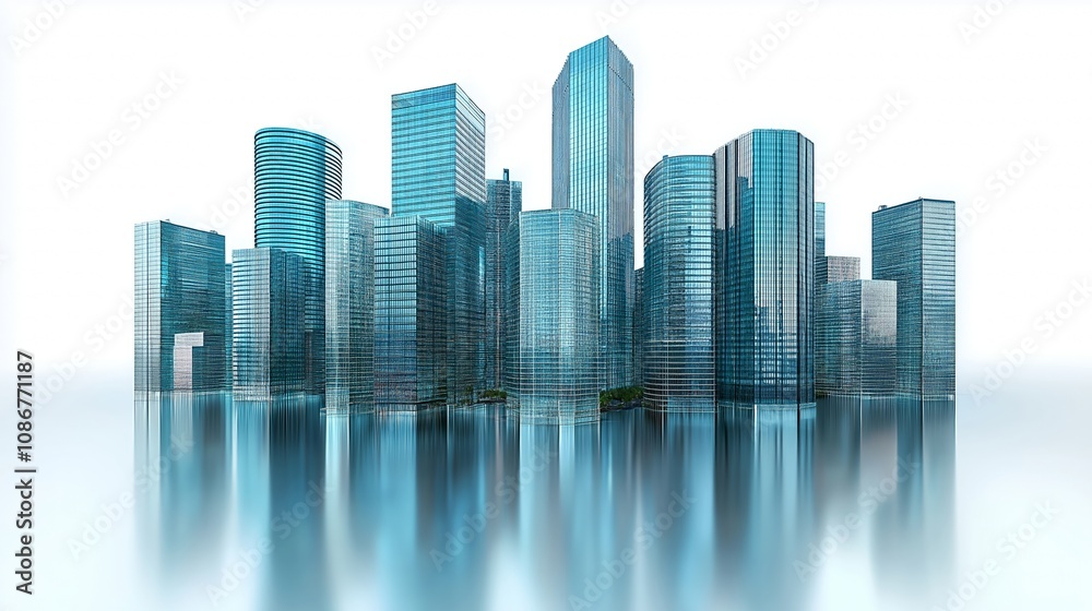 Modern skyscrapers of a smart city, futuristic financial district, graphic perspective of buildings and reflections - Architectural blue background for corporate and business brochure template Modern skyscrapers of a smart city, futuristic financial district, graphic perspective of buildings and reflections - Architectural blue background for corporate and business brochure template
