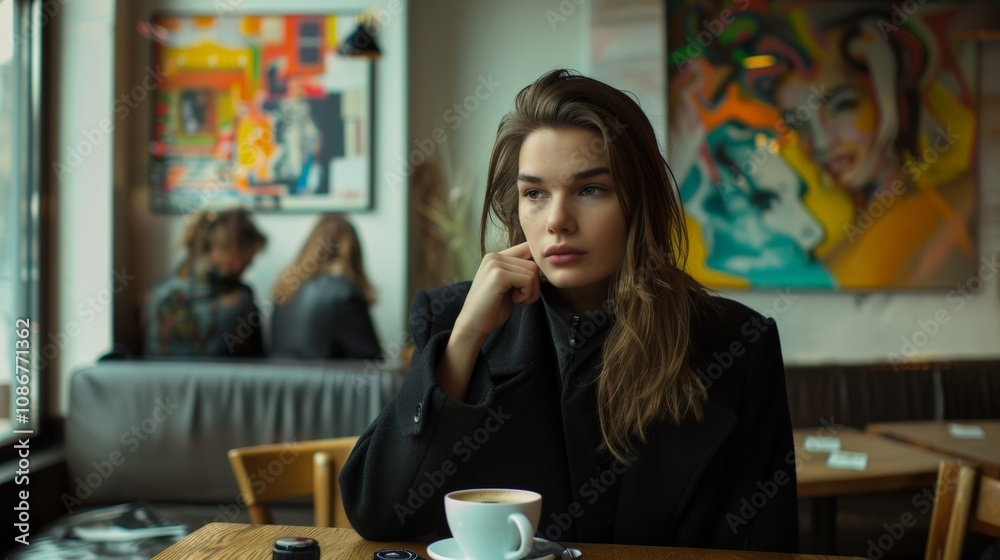 A thoughtful woman enjoys coffee in a cozy cafe surrounded by colorful art and a warm atmosphere of creativity. A thoughtful woman enjoys coffee in a cozy cafe surrounded by colorful art and a warm atmosphere of creativity.