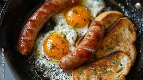 The morning meal cooking of fried sausage fried yolks and toasted cooked celebrates with milk