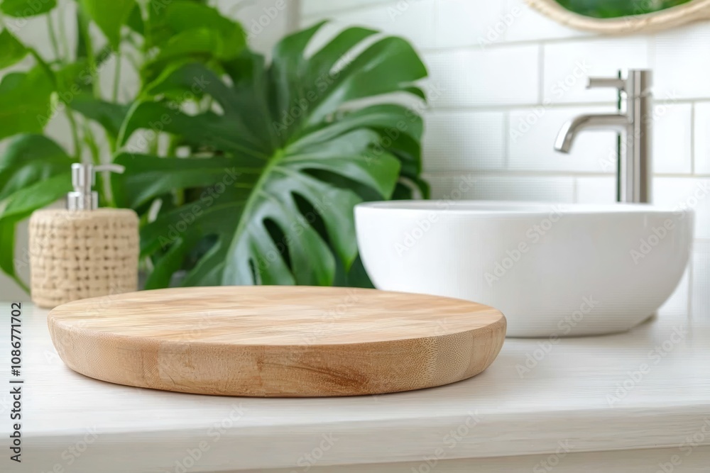 Modern Kitchen Corner with Round Wooden Cutting Board and White Vessel Sink Modern Kitchen Corner with Round Wooden Cutting Board and White Vessel Sink