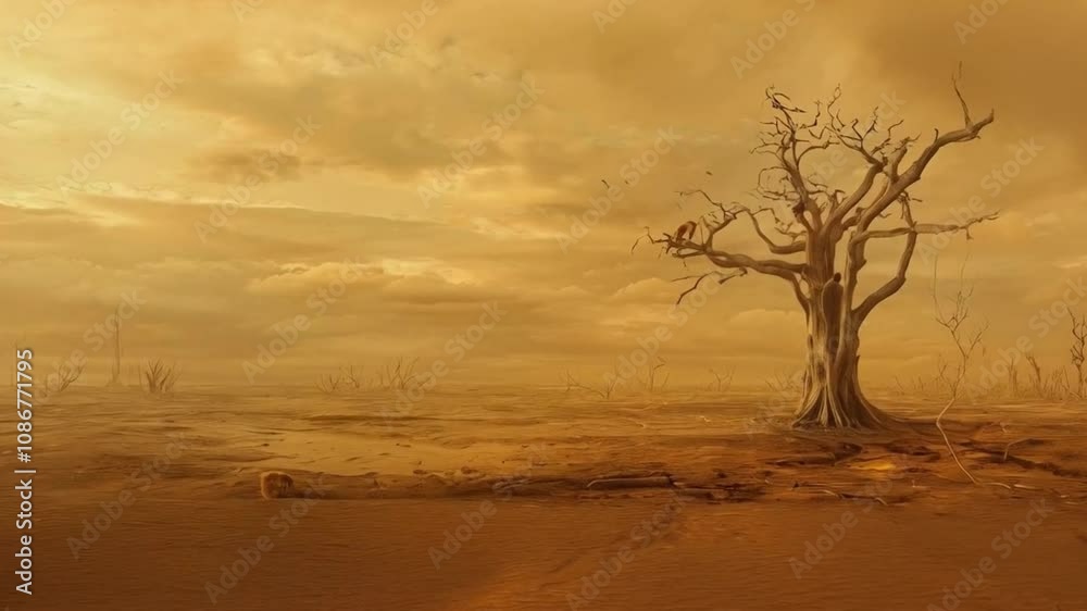 Barren Wasteland Solitary Tree in Dry Desert Landscape Under Golden Skies, Capturing Essence of Natures Stark Beauty and Solitude. Barren Wasteland Solitary Tree in Dry Desert Landscape Under Golden Skies, Capturing Essence of Natures Stark Beauty and Solitude.