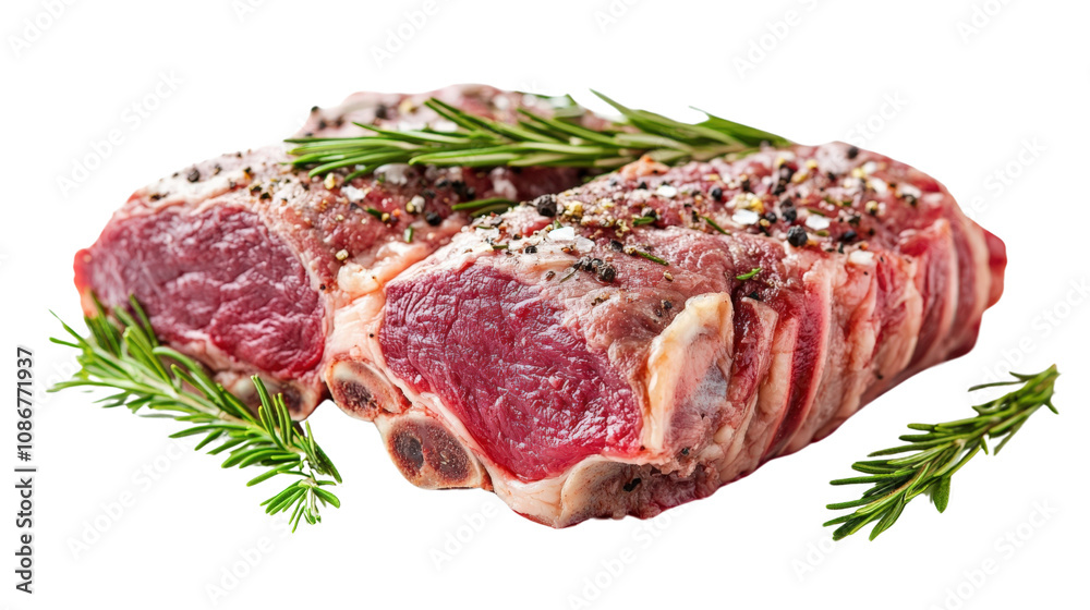 Fresh raw meat cuts with herbs, ready for grilling or cooking in a culinary dish. Fresh raw meat cuts with herbs, ready for grilling or cooking in a culinary dish.