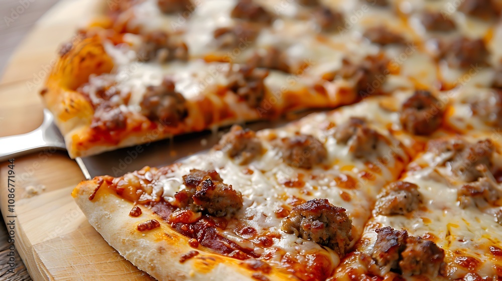The nicely baked sausage toppings were sliced through by the pizza cutter cheese The nicely baked sausage toppings were sliced through by the pizza cutter cheese