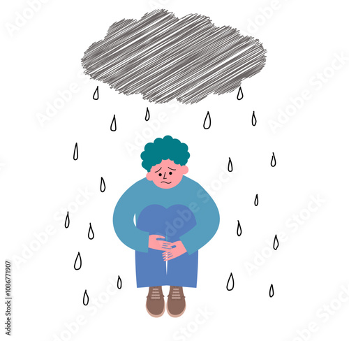 膝を抱えて落ち込む青年の頭上の雨雲から雨が降るイラスト