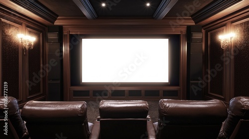 Luxurious Modern Roman Design Media Room with Plush Seating and Large Screen for Movie Nights