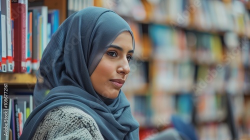 Thoughtful woman in hijab gazes at library books, lost in contemplation and knowledge.