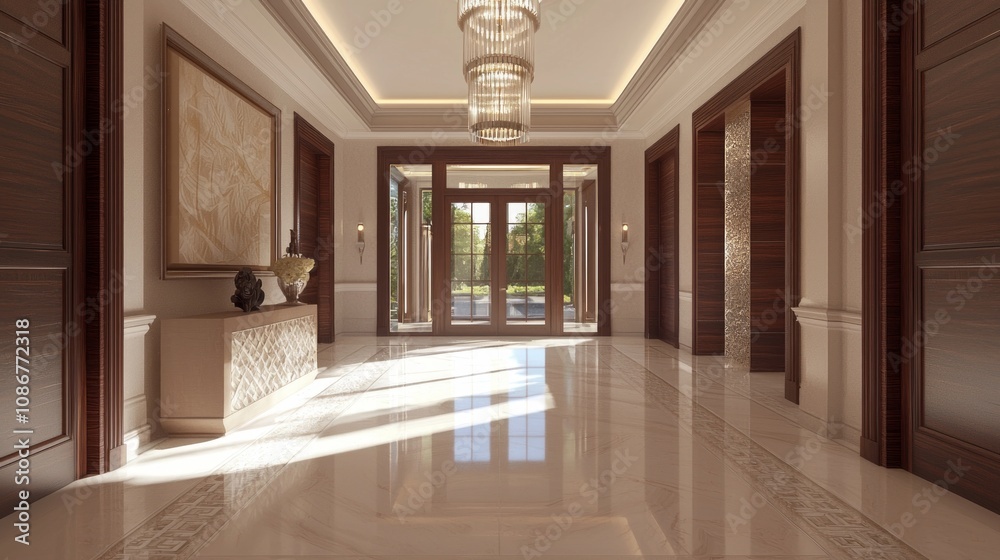 Obraz premium Luxurious Roman-Inspired Stylish Hallway with Elegant Lighting Fixtures and Rich Wood Accents for a Warm Atmosphere