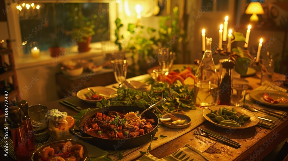 Cozy Dinner Table Set with Delicious Food and Warm Candlelight for a Perfect Evening Gathering Cozy Dinner Table Set with Delicious Food and Warm Candlelight for a Perfect Evening Gathering