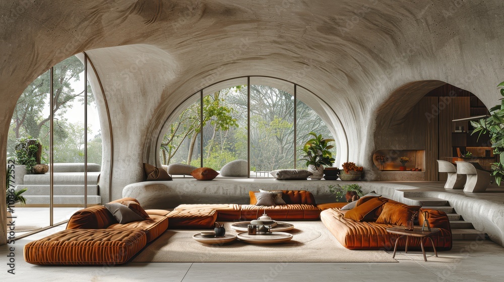 Fototapeta premium Modern Underground Living Room with Rounded Walls and Arched Window