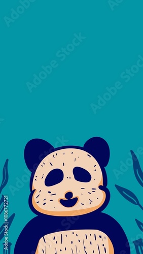 A panda bear sits amidst teal leaves on a turquoise background.