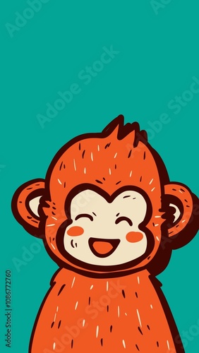 A happy orange monkey grins against teal background.