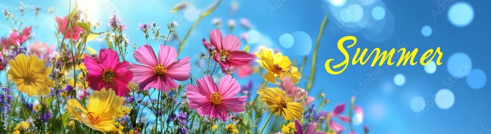 Summer field of colorful flowers with blue sky and bokeh light effects vibrant illustration greeting card Summer field of colorful flowers with blue sky and bokeh light effects vibrant illustration greeting card
