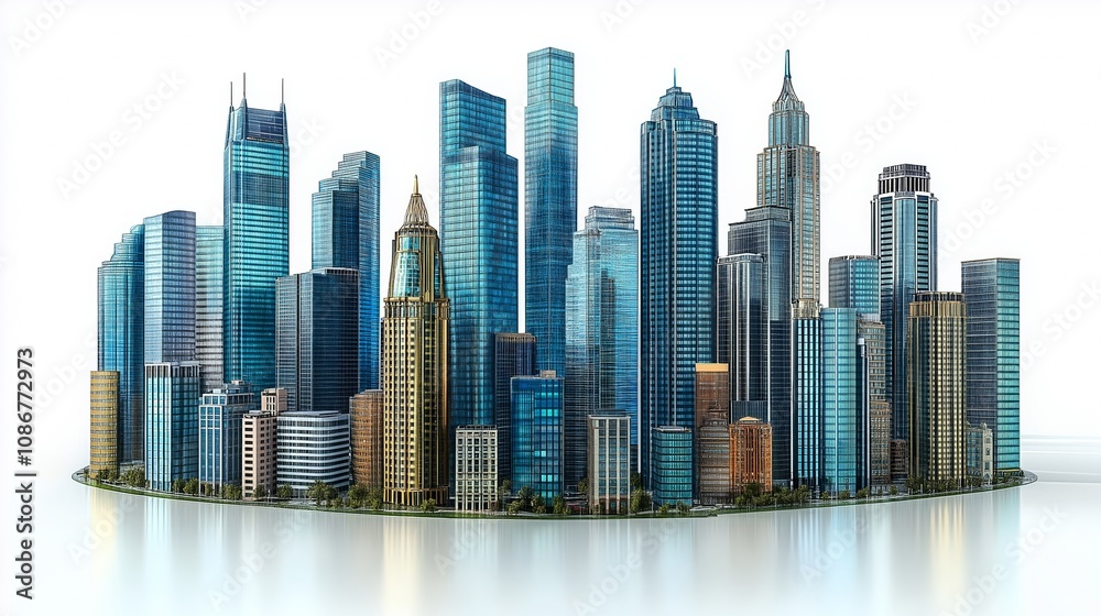 Modern skyscrapers of a smart city, futuristic financial district, graphic perspective of buildings and reflections - Architectural blue background for corporate and business brochure template Modern skyscrapers of a smart city, futuristic financial district, graphic perspective of buildings and reflections - Architectural blue background for corporate and business brochure template