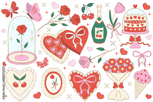 Valentine's Day cute collection. Pink girly coquette y2k aesthetic set, elegant vintage accessory. Lovely cute collection, red cherrie, pink ribbon, bow, heart, cupid. Vector illustration