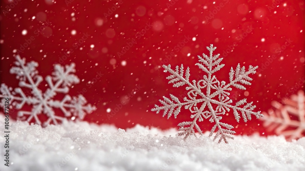 Close-up of intricate snowflakes falling on a vibrant red Christmas background, sparkling ice, icy texture, frosty details Close-up of intricate snowflakes falling on a vibrant red Christmas background, sparkling ice, icy texture, frosty details