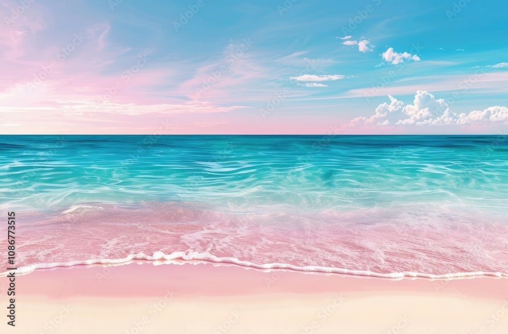A serene beach scene featuring gentle waves lapping at a pink shoreline under a colorful sky. A serene beach scene featuring gentle waves lapping at a pink shoreline under a colorful sky.